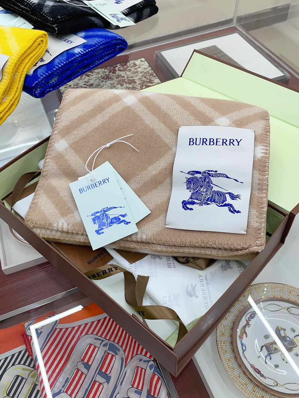 Burberry Beige and White Plaid Scarf