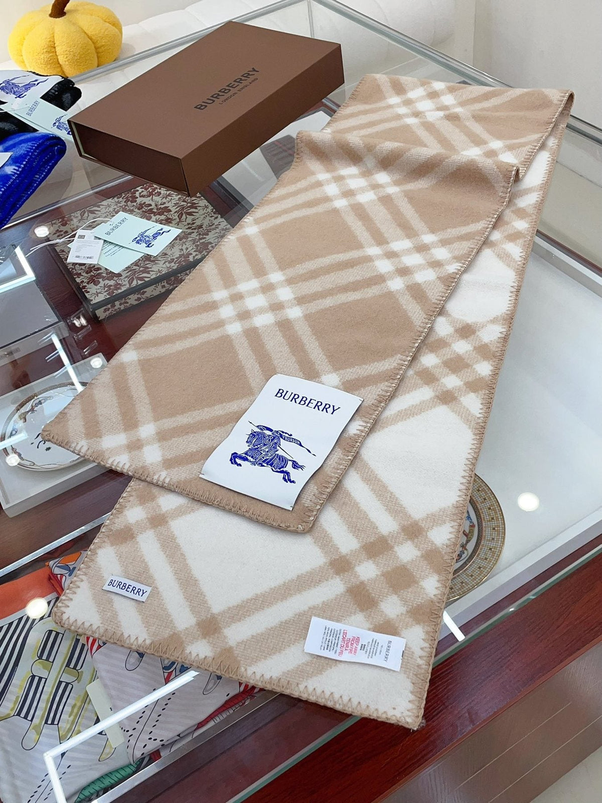 Burberry Beige and White Plaid Scarf